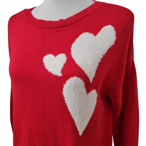 LOFT Size M Red with White Heart Long Sleeve Crew Neck Sweater, Gently Used - Picture 2 of 11